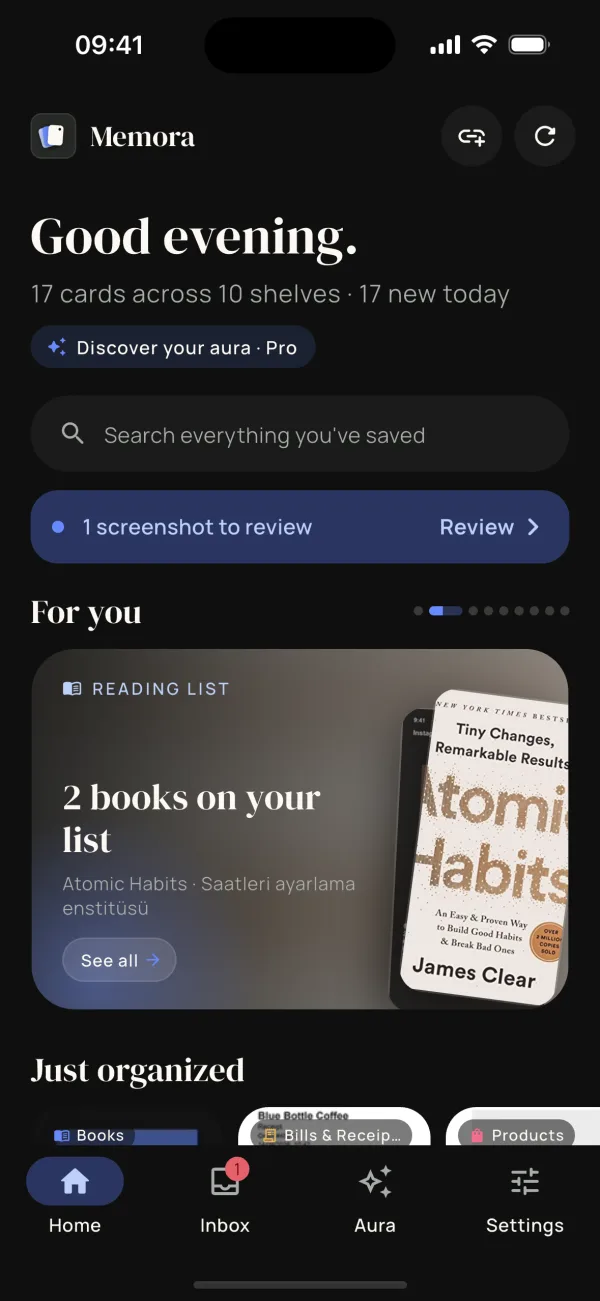 Memora's home screen: 17 cards across 10 shelves, a search bar, and a “For you” card with two books on the reading list.