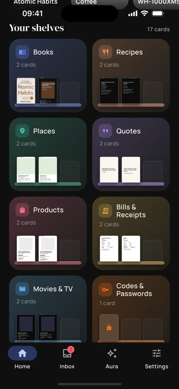 Memora's shelves: Books, Recipes, Places, Quotes, Products, Bills & Receipts, Movies & TV and Codes & Passwords.